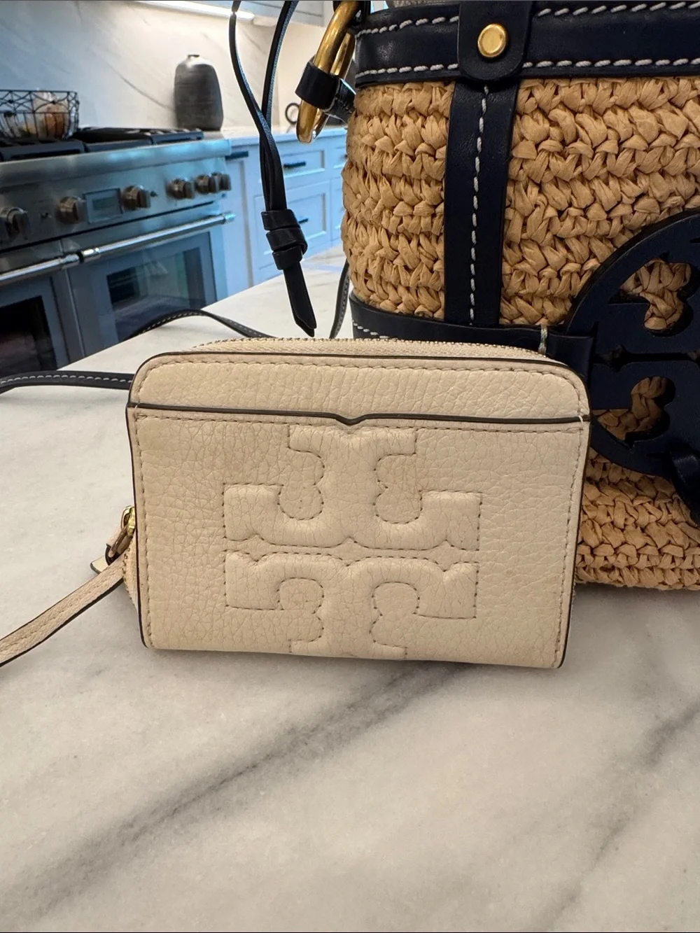 Tory Burch Navy Trim Straw Bucket Bag with Cream Card Case/Wallet
